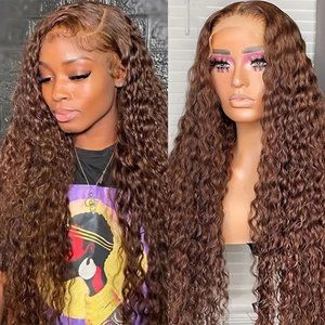 180% Chocolate Brown 13×4 Lace Front Deep Wave Curly Lace Front Human Hair Wig